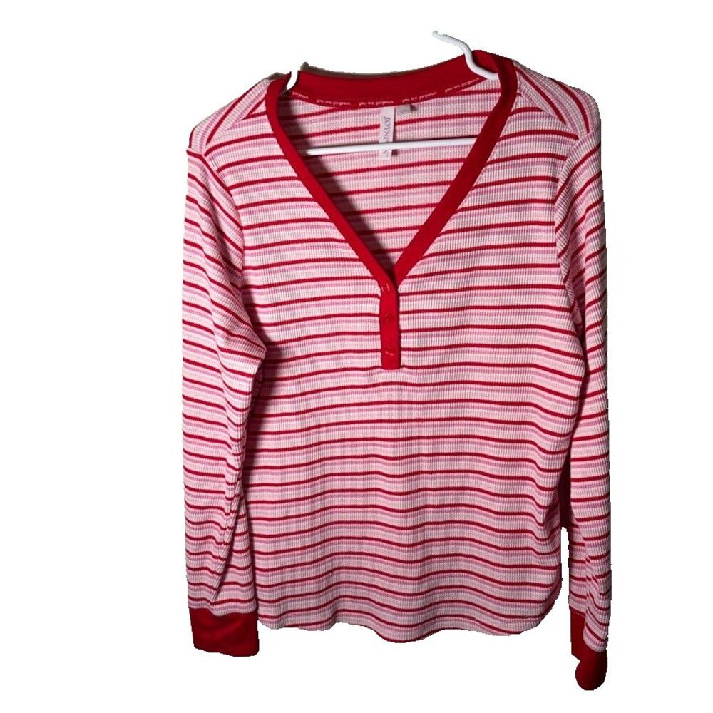 Joyspun Pajama Shirt Women's Large V-Neck Henley Pink Striped Long Sleeve